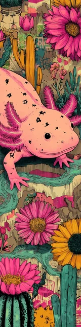 Free printable axolotl bookmark featuring flowers on cacti axolotl